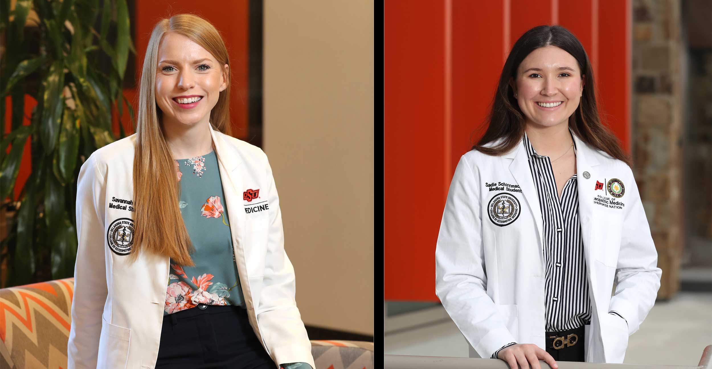 OSU College of Osteopathic Medicine fourth-year student Savannah Nicks, left, was awarded first place and OSU-COM at the Cherokee Nation first-year student Sadie Schiffmacher took second place at the Oklahoma Osteopathic Association research poster competition.