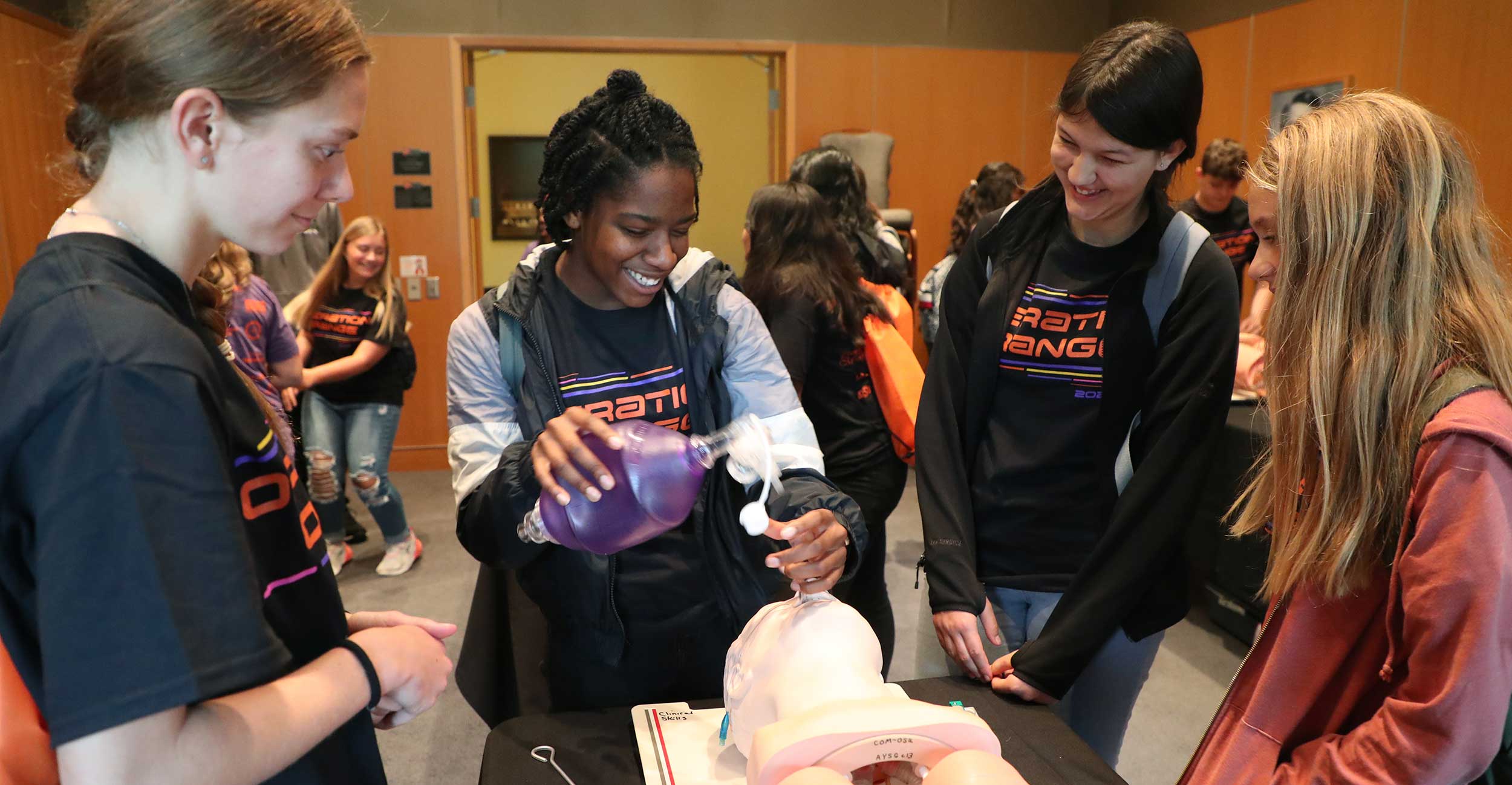 From left: Chloe Ward, Julia Veal, Keira Ulrich and Aubry Grauer take part in an intubation exercise during Operation Orange at OSU in Stillwater on June 1, 2021.
