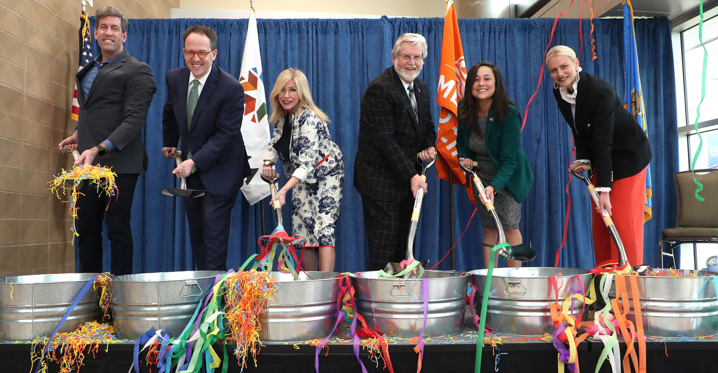 Tulsa City Councilor Phil Lakin, left, Tulsa Mayor GT Bynum, ODMHSAS Commissioner Carrie Slatton-Hodges, Oklahoma Sen. Roger Thompson, Oklahoma Rep. Cyndi Munson and OSU President Kayse Shrum take part in a ceremonial groundbreaking for the Oklahoma Psychiatric Care Center in Tulsa on March 30, 2023.