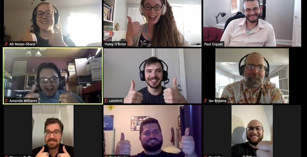 From top left; Ali Sharp, Dr. Haley O'Brien, Dr. Paul Gignac, Jamison Williams, Caleb Hill, Dr. Ian Browne, Thomas Duffy, Zack Fowler and Skylar Turner celebrate over Zoom the end of their 3D neuroimaging data collection and analysis.