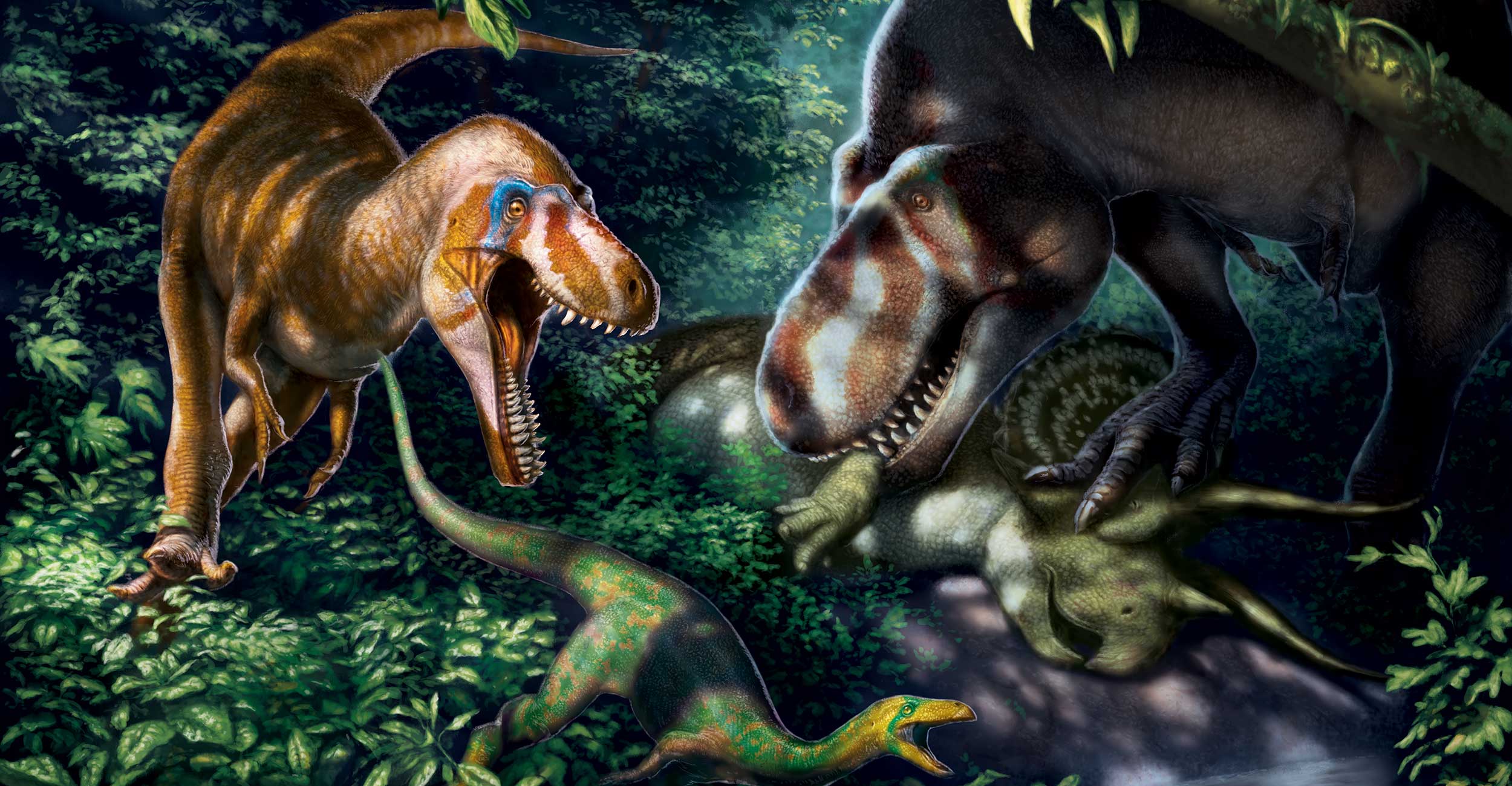 Artist rendering of two Tyrannosaurus rex dinosaurs, one an adult and other a juvenile, hunting other dinosaurs.