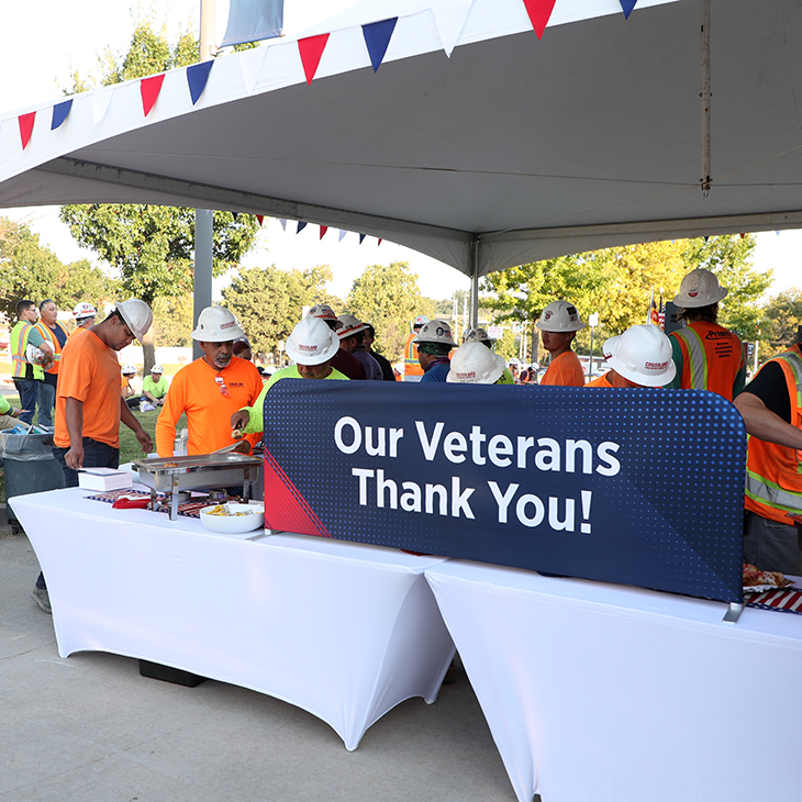 Construction crews get breakfast during the Veterans Hospital in Tulsa topping off celebration on Aug. 27, 2024.