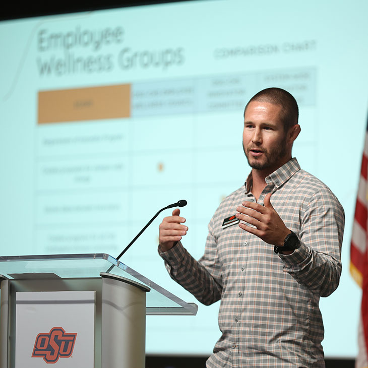 Jesse Chaffin, health and wellness manager at OSU-CHS, presents during the Department of Wellness Innovator Appreciation Lunch.