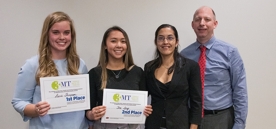 Three Minute Thesis winners from the College of Human Sciences and the College of Education, Health and Aviation