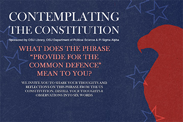 A promotional graphic for an Oklahoma State University event titled “Contemplating the Constitution” features a stylized red eagle silhouette and invites participants to reflect on the phrase “provide for the common defence” in six words.
