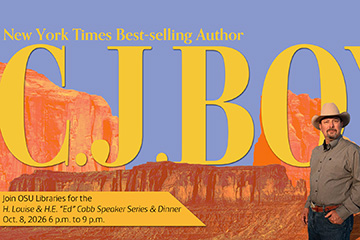 Promotional event graphic for New York Times bestselling author C.J. Box featuring a portrait of the author against a Southwestern desert landscape, with details for the H. Louise and H.E. “Ed” Cobb Speaker Series and Dinner at OSU Libraries on