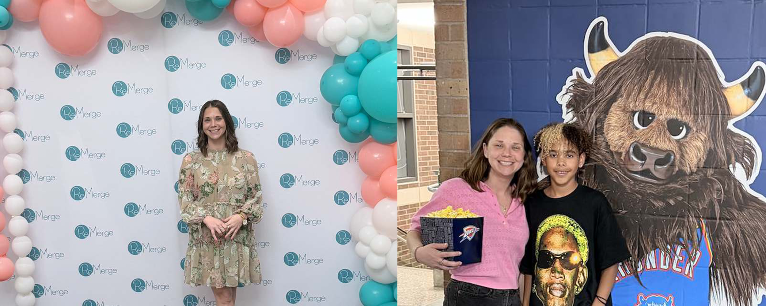 An adult and a child stand smiling together in front of a colorful bison mural. The adult holds a blue notebook, and the child wears a graphic T-shirt. The photo appears to have been taken inside a school or community building.