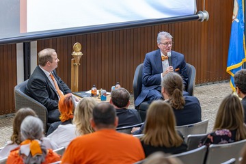 OSU President Jim Hess speaks with OSUIT Provost Richie Roberts about the university system’s strategic plan during a campus visit as employees listen.