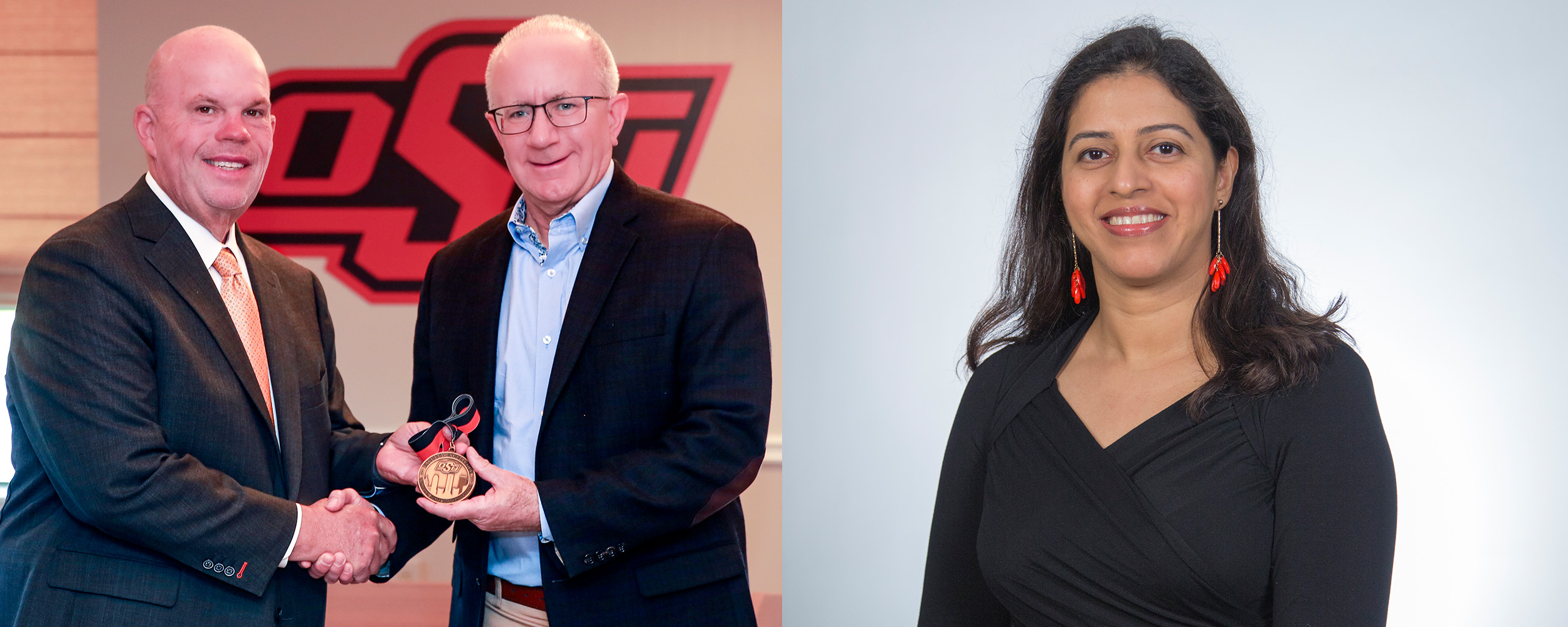 Two individuals in business attire shake hands while one presents a medallion in front of an OSU logo, alongside a separate professional portrait of another individual wearing a black top and red earrings against a plain background.