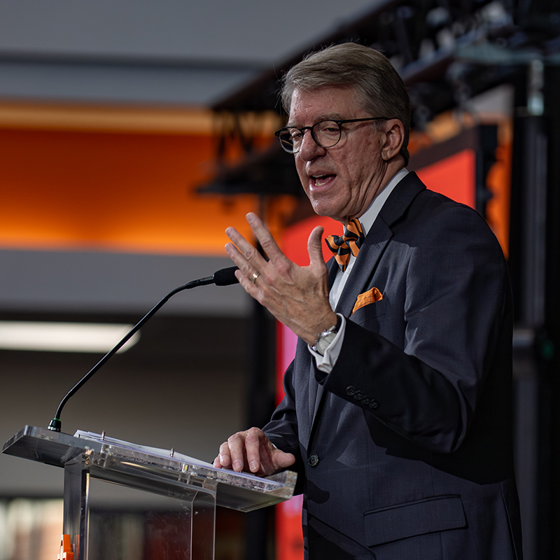 OSU President Jim Hess addresses the future of OSU at OSU-Tulsa’s Orange Impact event in October.