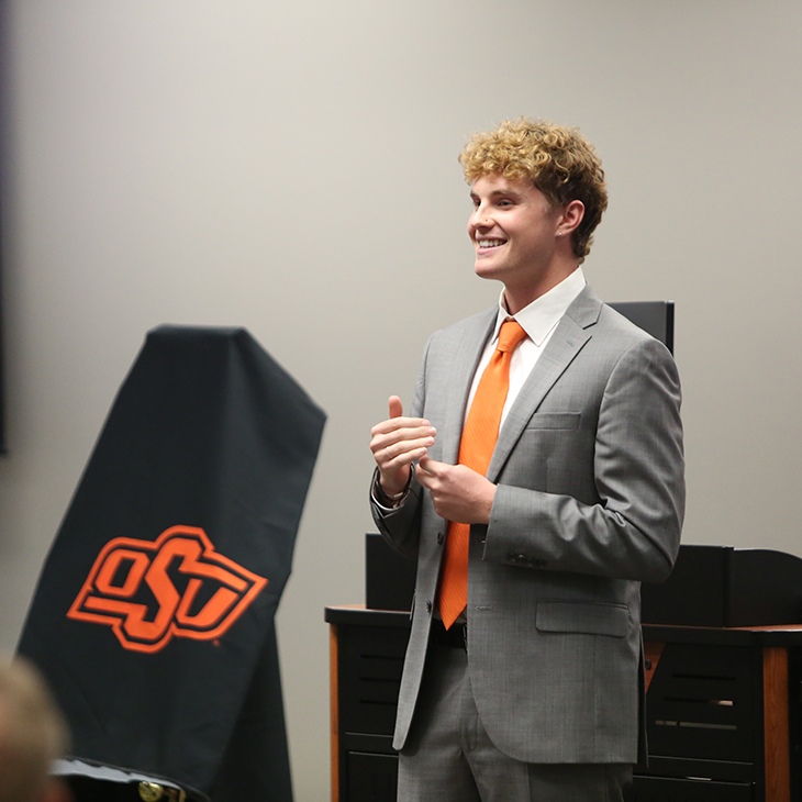 Lane King, set to be the first graduate from the College of Professional Studies this fall, spoke to the crowd about how innovative and rewarding the Organizational Leadership program has been for him.