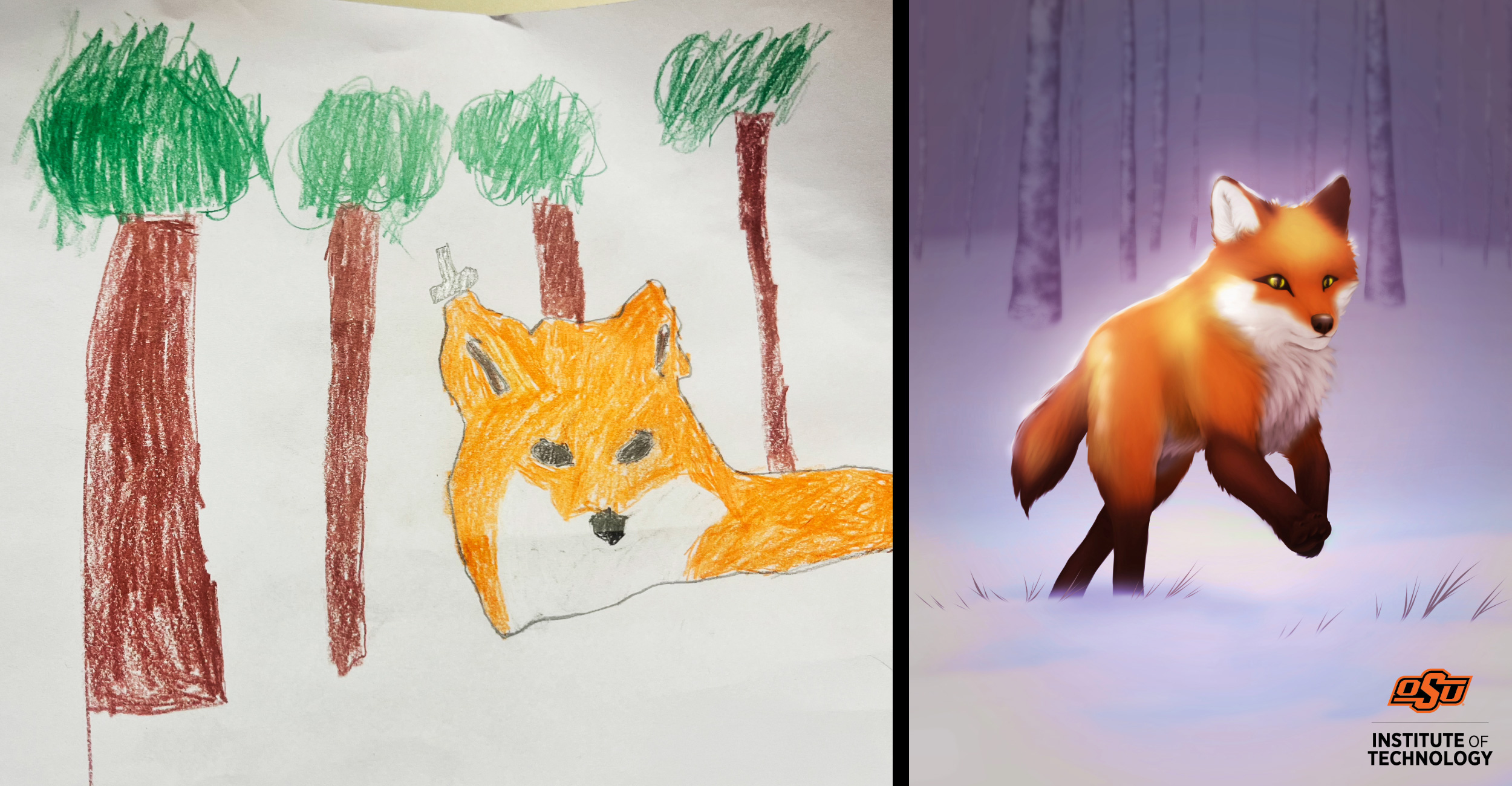 A side-by-side image: on the left, a fourth-grader’s crayon drawing of an orange fox peeking through brown tree trunks with leafy green canopies; on the right, the OSUIT students’ polished digital rendering of the same fox in a snowy forest, complete with the OSU Institute of Technology logo at the bottom.