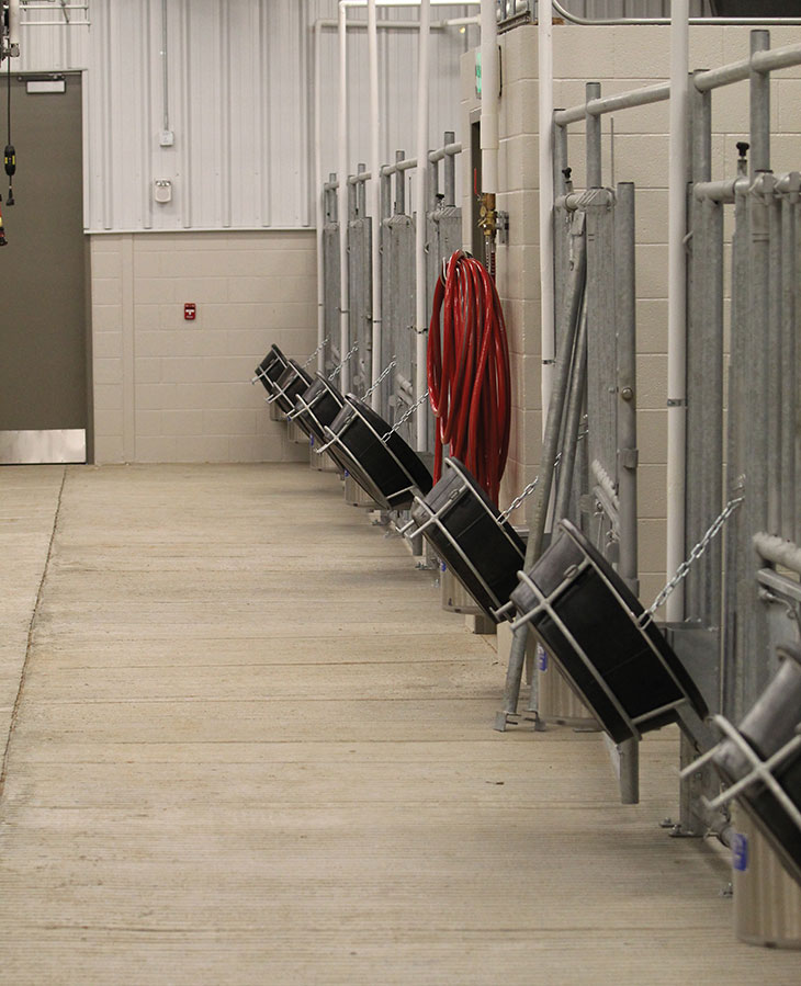 Individual research stalls are equipped with feeders and waterers