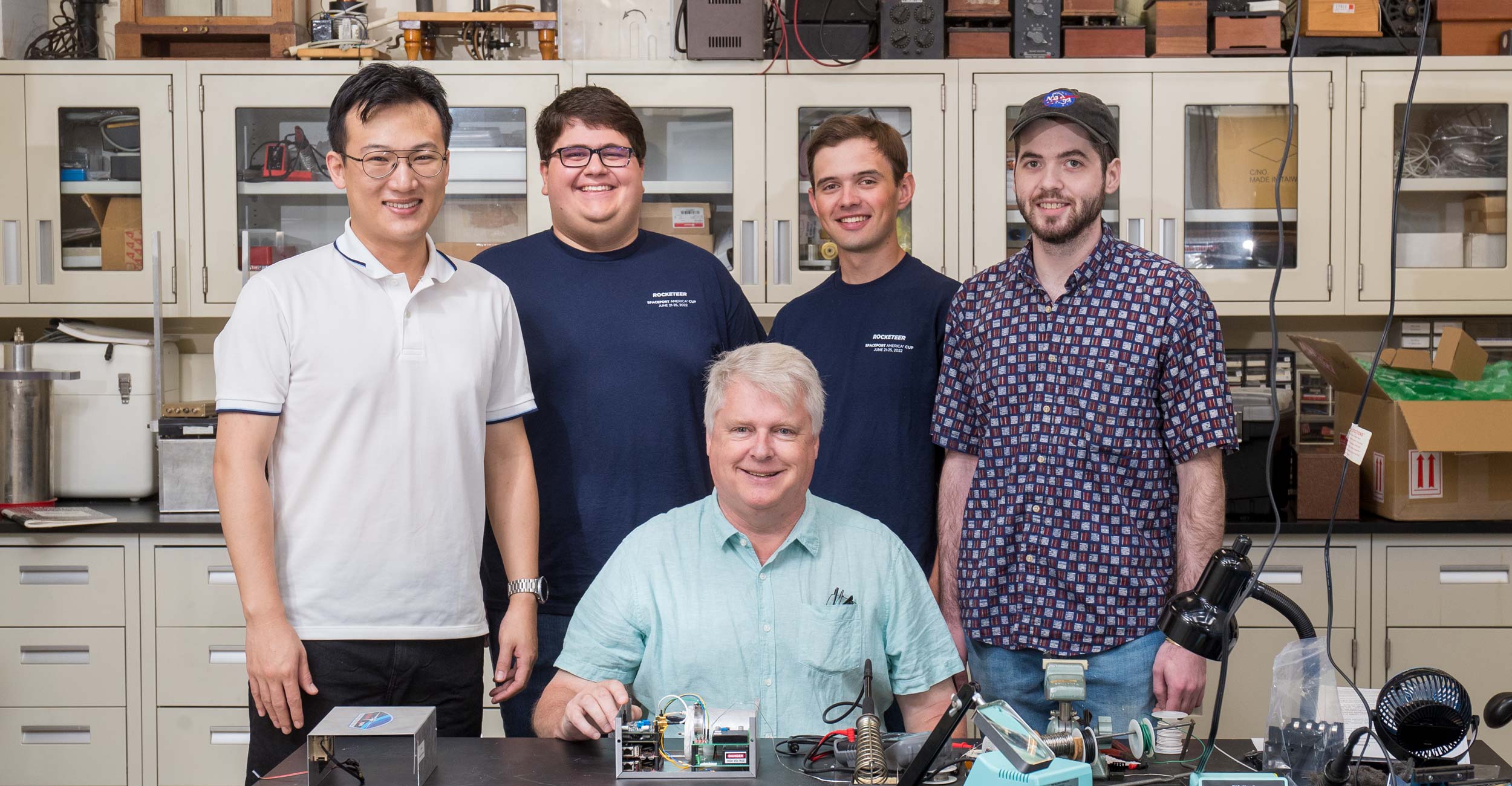 Dr. Eric Benton (center) and his research team Martin Yang, Conner Heffernan, Garrett Thornton and Tristen Lee.