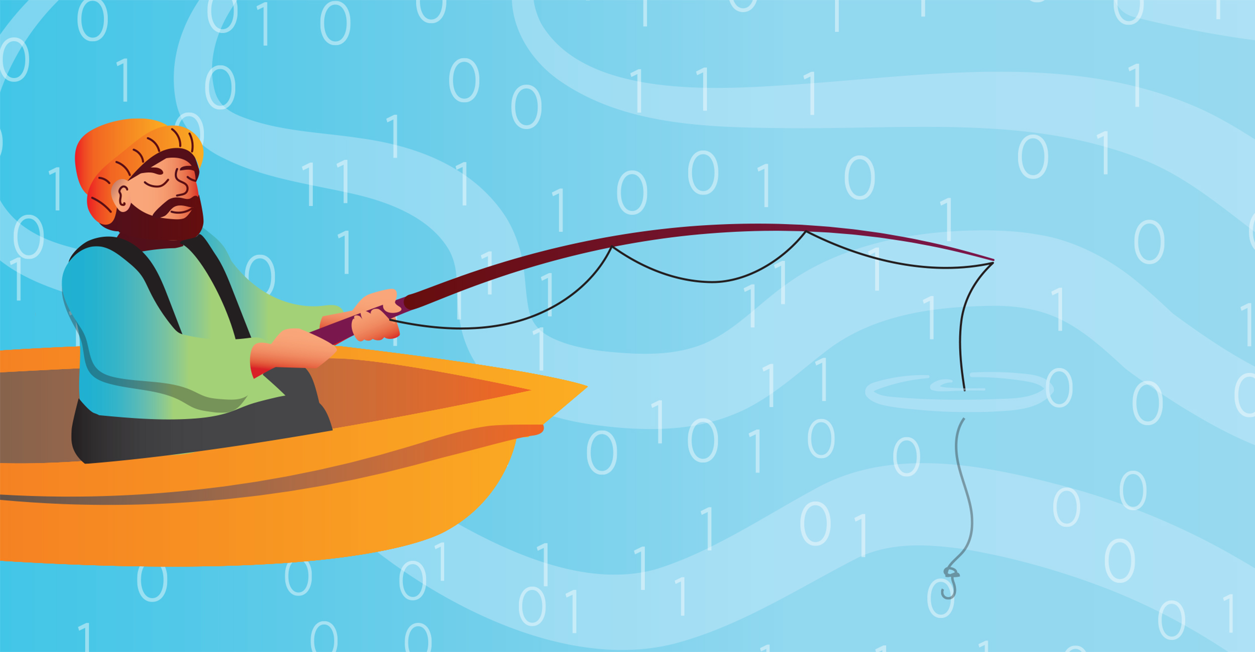 A cartoon image of a man in a boat, fishing for ones and zeros to represent a data lake