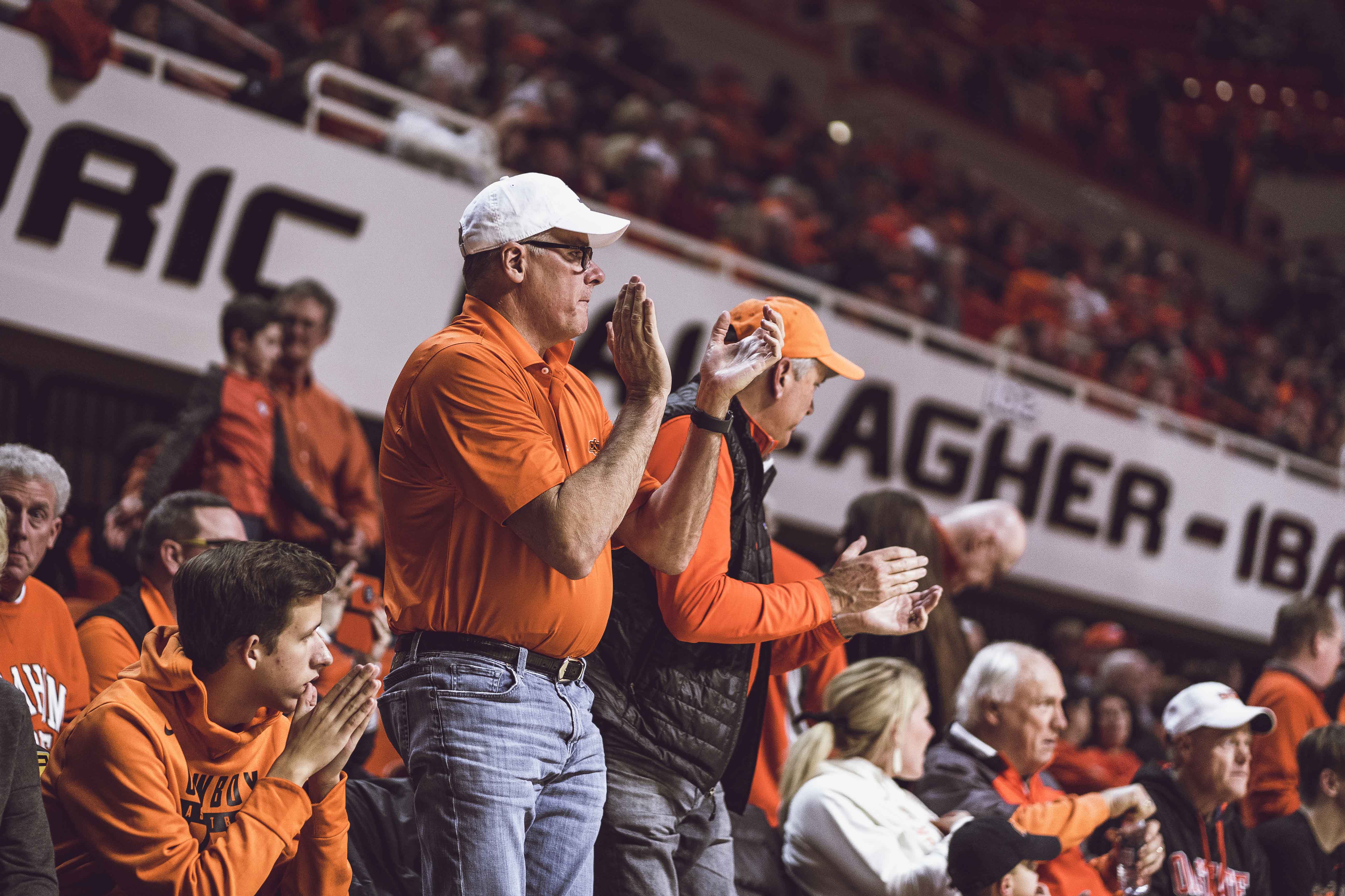 Wiese cheering on the Cowboy basketball team