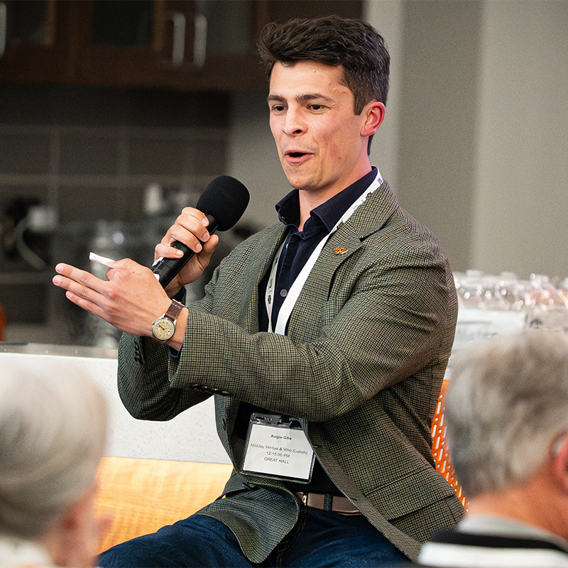 A member of the Gamba family speaking during an educational session about their vinyard.