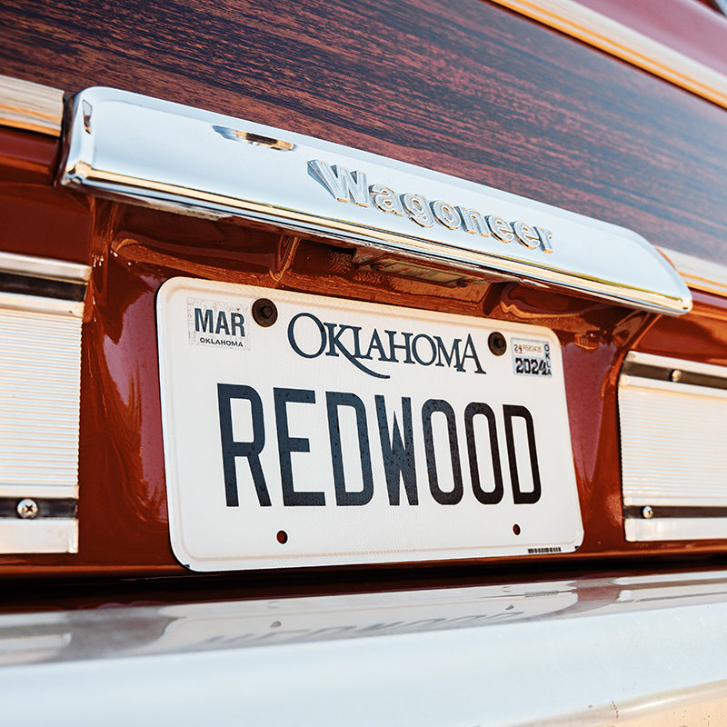 The license plate reads "Redwood" because of the vehicle's resemblance to the redwood trees of California.