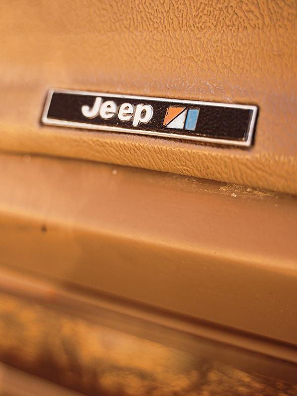 The Jeep insignia located on Redwood's dashboard.