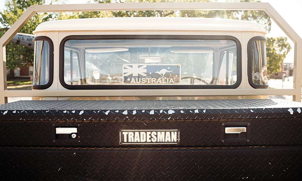 The back window of West's HJ47 features a road sign that says "Australia," which is where West purchsed it.