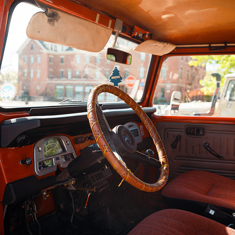 The interior of West's red FJ40.