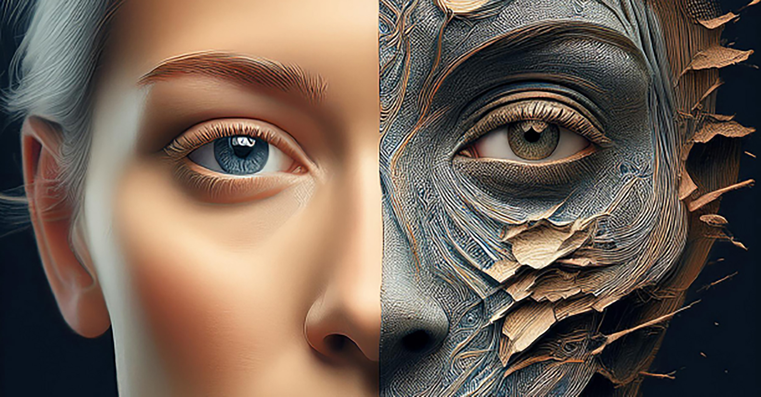 AI-generated image of a woman with split face. The left side of her face features an attractive woman and the right features a robotic face.