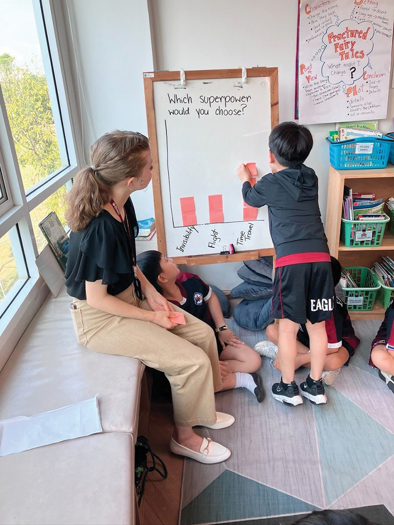 OSU student teaching intern Madeline Hager worked with students in an interactive bar graph activity. OSU student teaching intern Madeline Hager worked with students in an interactive bar graph activity.