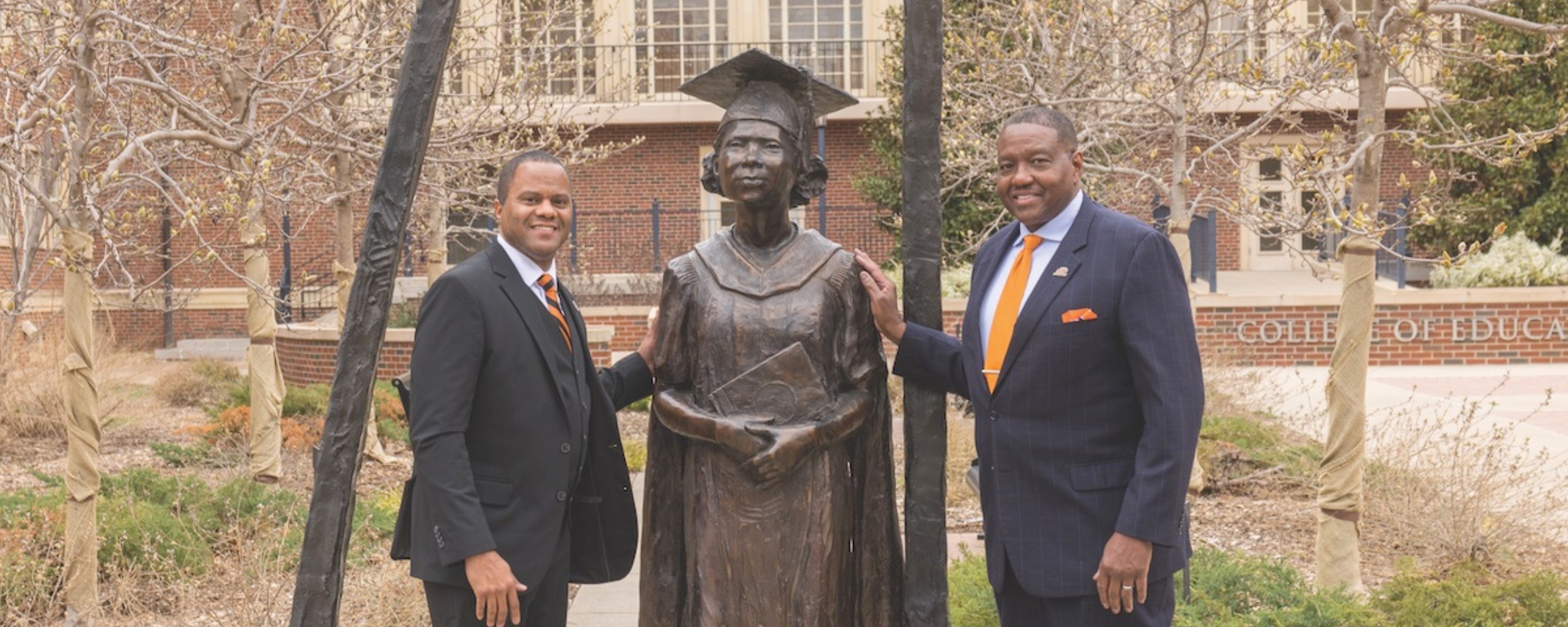 Dr. Prier and Calvin Davis with Nancy Randolph Davis' statue