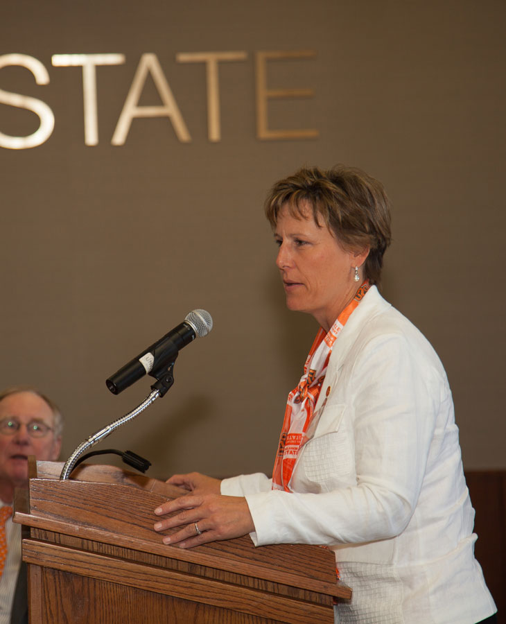 Ann Oglesby speaks at a luncheon after P66 donated money to Oklahoma State University.