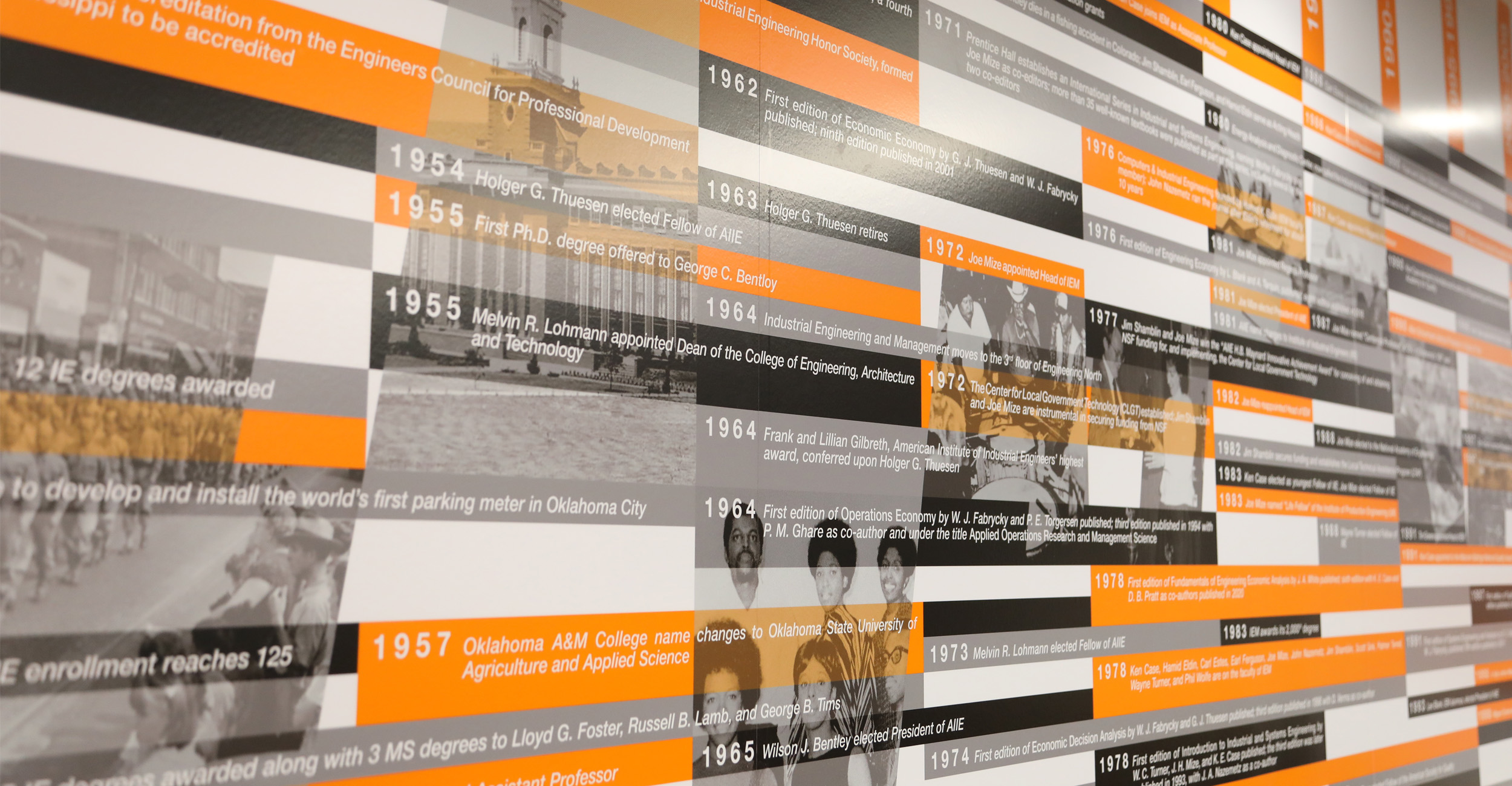 A wall mural of IEM timeline events in orange and black squares with photos in the background of the design.