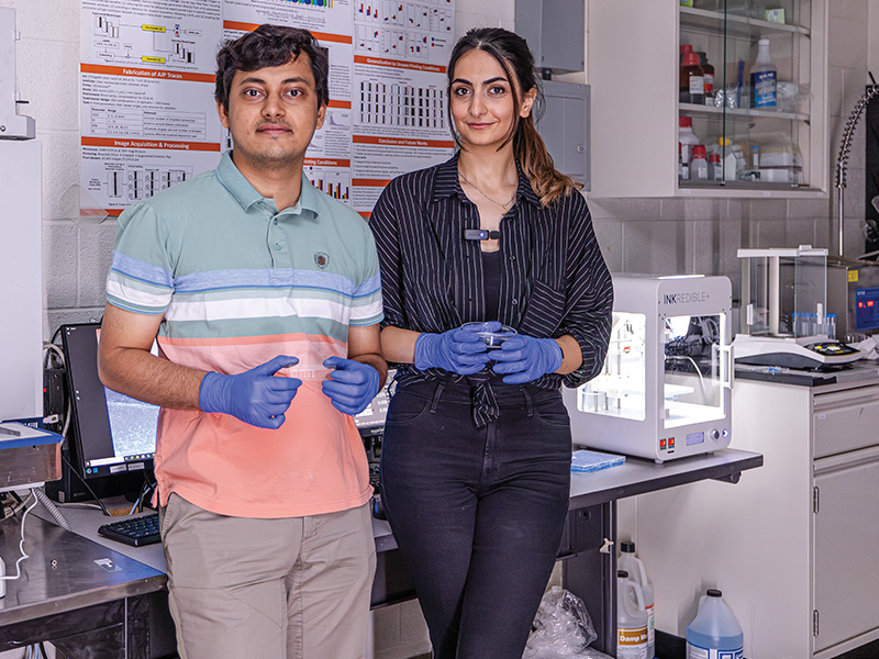 Shihab Shakur (left) and Neshat Hojjati are graduate research assistants who work with Dr. Sri Ramesh in his lab.