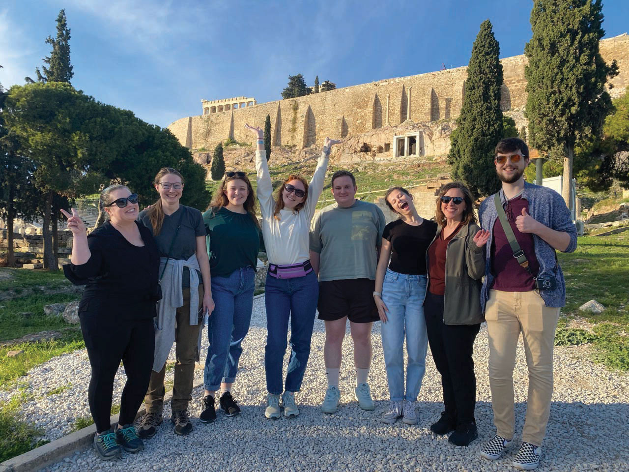 OSU students and faculty along with State Department representatives, tour the Acropolis in Athens, Greece. From left: Dr. Laura Arata, Jessi Simmons, Izzy Elliott, Victoria Hughes, Jerret Carpenter, Sydney Galante, Sarah Ra and Andrew Fackler.