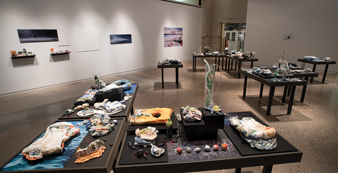 Art Exhibits laid out on tables