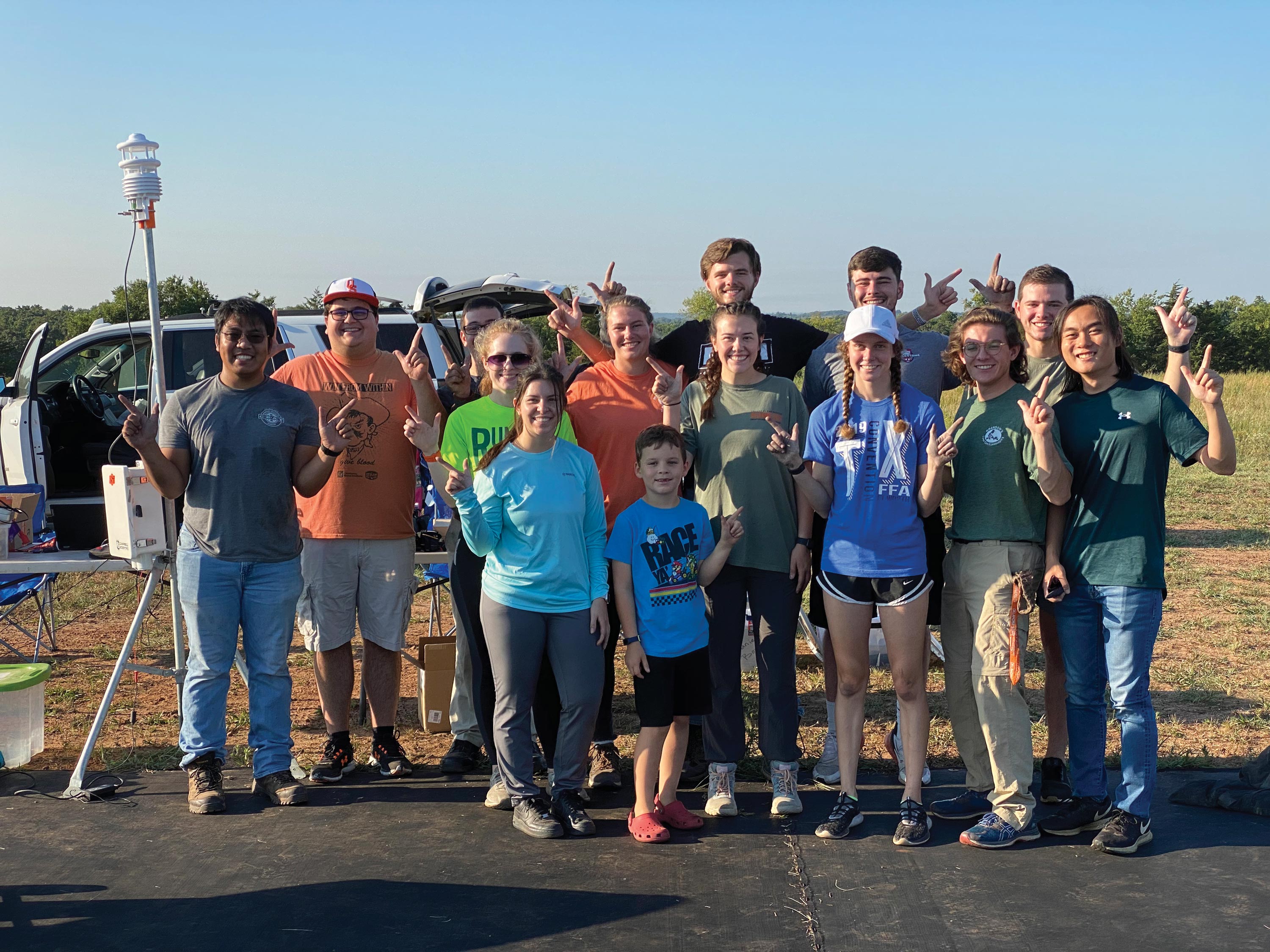 OSU balloon launch team. From left: Zach Yap, Conner Heffernan, Leo Fagge, Kate Spillman, Taylor Swaim, Madison Morton, Jack Elbing, Emalee Hough, Payton Simmons, Madison Hill, Stephen Young II, Jarrett Schwartz, John Clemmons and Nicco Wang.