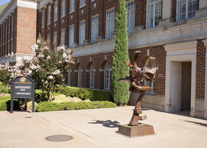 Metal sculpture outside Whitehurst Hall