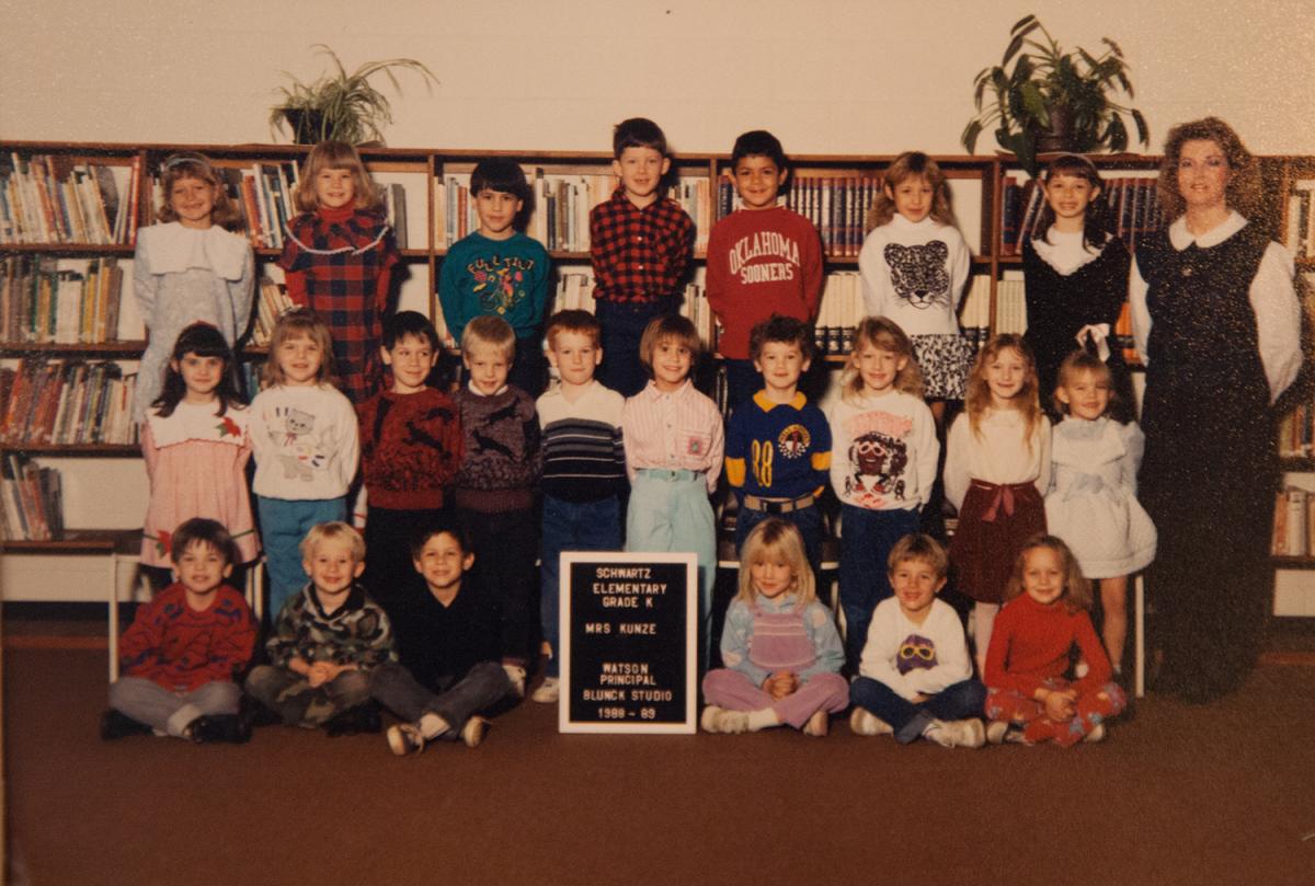 Lawana (far right) and kindergarten kids line up for class picture (1988-89)