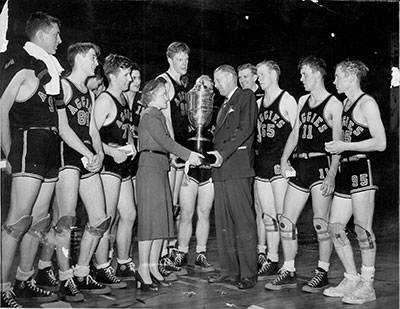 The basketball team was NCAA champs in the 1940s.