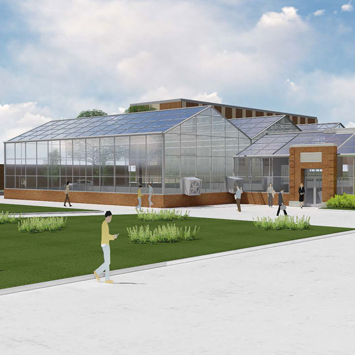 This architectural rendering depicts the new Greenhouse Learning Center at OSU, currently being built just north of University Health Services at Farm Road and Lincoln Street.