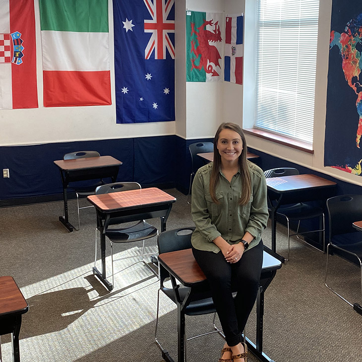 Emily Mainord in her socially distanced classroom at Wakeland High School in Frisco, Texas