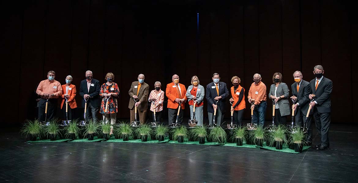 Several Cornerstone Donors ceremoniously broke ground during the April 23 celebration. Pictured are (from left):Jeff and Lynn Hilst, A.J. and Susan Jacques, Frank Robson, Kay Ingersoll, Dr. Barry and Roxanne Pollard, John Groendyke, Kayleen and Larry Ferguson, Blaire Atkinson, Burns Hargis and Dr. Thomas G. Coon.
