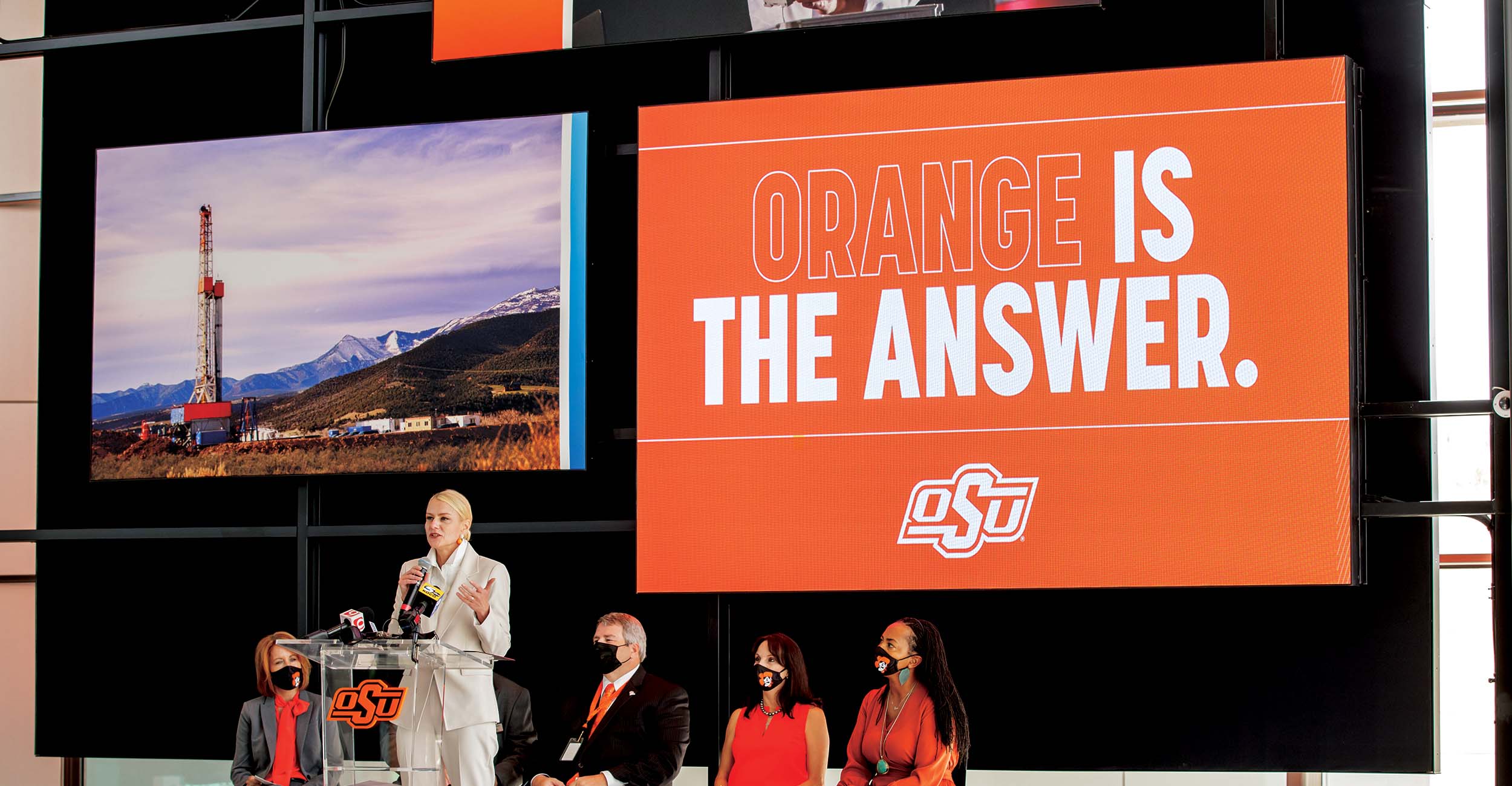 A Orange is the Answer video board at OSU DISCOVERY.