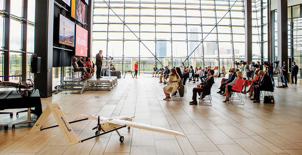 Dr. Kenneth Sewell, OSU vice president for research, addresses a crowd of industry leaders, guests and media members at the OAIRE launch announcement at OSU DISCOVERY in Oklahoma City.