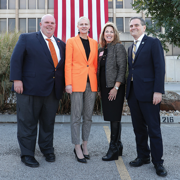 OSU-CHS President Johnny Stephens (left) and OSU President Kayse Shrum gather with VHiT Project Director Courtney Knoblock and the Veterans Health Administration’s Deputy to the Deputy Under Secretary for Health Steven L. Lieberman (right) at the groundbreaking for the Veterans Hospital in Tulsa.