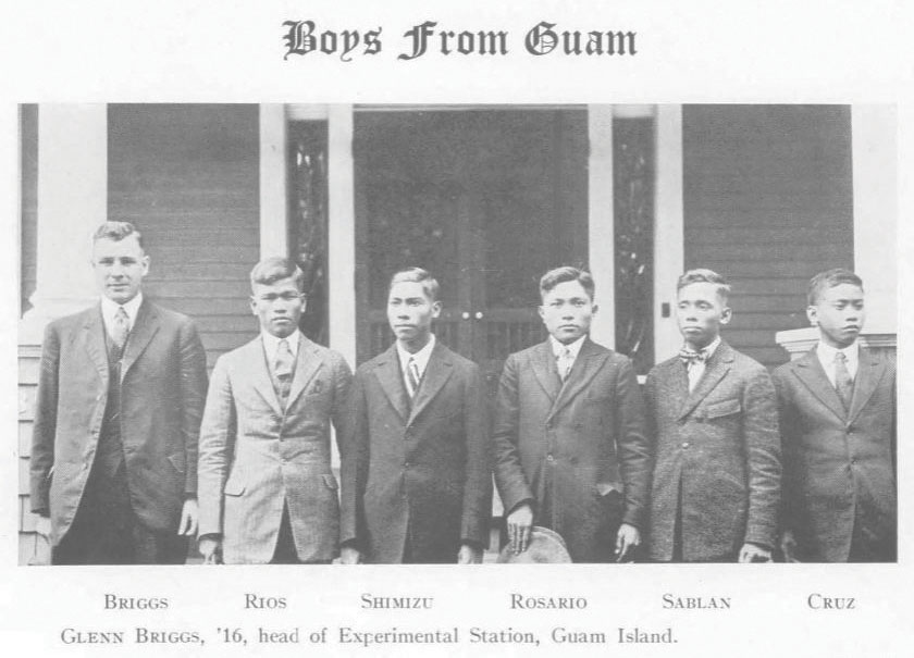 Glenn Briggs brought five students from Guam to the OAMC campus in the fall of 1919. Pictured from left: Briggs, Jose L. G. Rios, Antonio A. Shimizu, Juan R. Rosario, Raymon M. Sablan and Antonio L. Cruz.