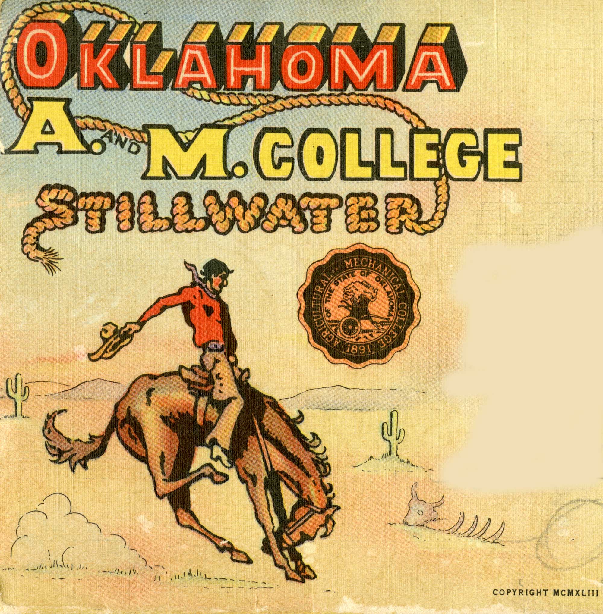 Illustrations of cowboys on bucking horses were featured in OAMC publications, correspondence and postcards beginning in the late 1920s and into the early 1960s.