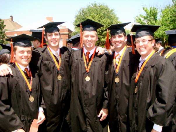 Third from left: Aaron Wilson and his fraternity brothers celebrating with each other on their graduation day.