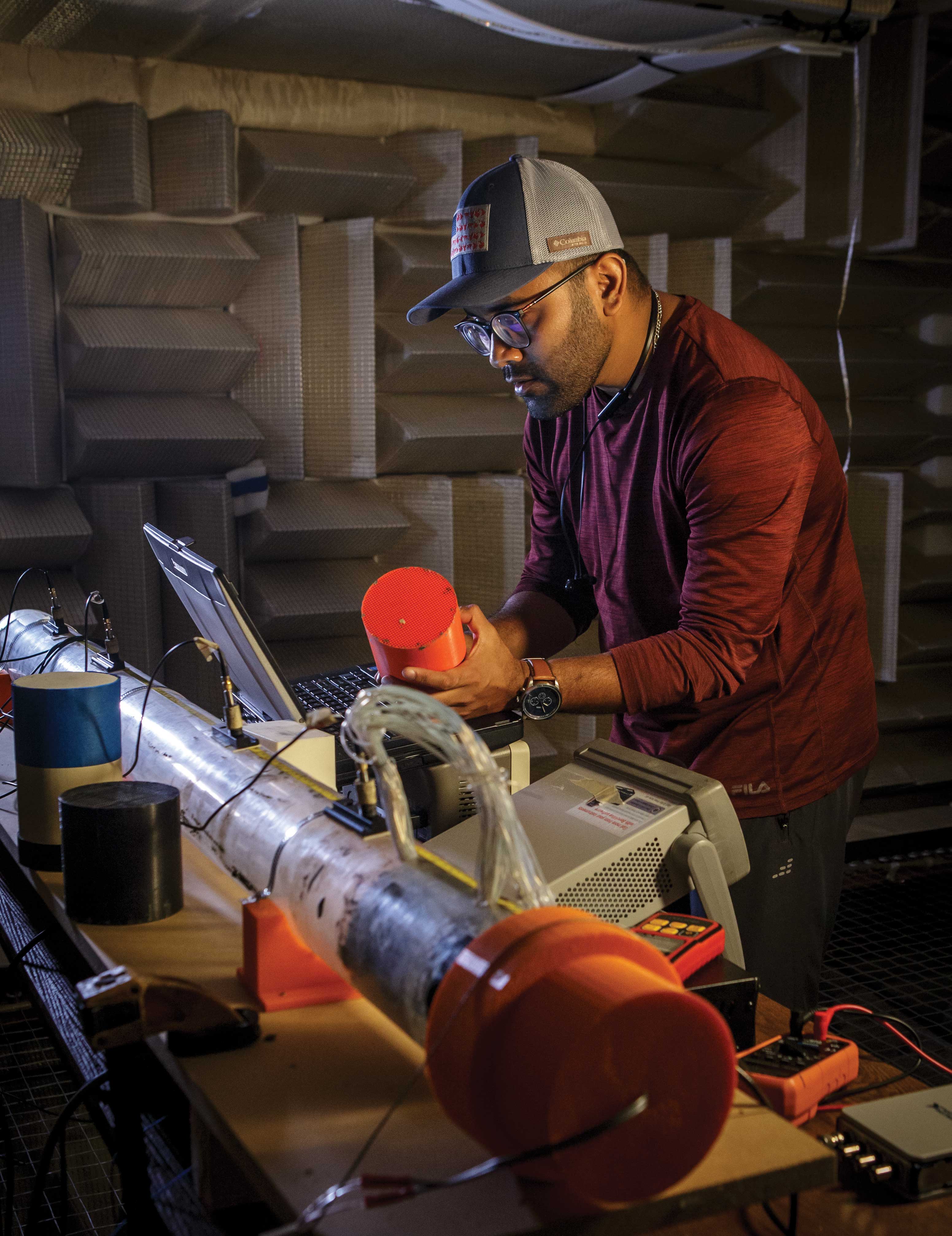OSU Ph.D. student Samarjith Biswas works on a School of Mechanical and Aerospace Engineering project to make jet engines less noisy.