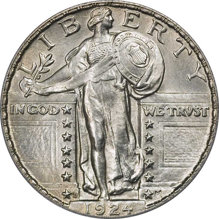 MacNeil’s Standing Liberty Quarter was produced with several minor changes during its 15-year run. The one pictured here was produced during World War I when it was given a chainmail garment on top. The bottom star on the right-hand side has the letter M next to it for MacNeil.