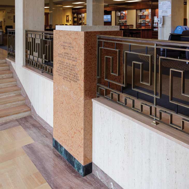 The pedestal on the second floor and at the top of the main staircase in the 1953 library was designated to be the new home of the Pioneer Woman. Nothing was written on the pedestal until 1977 when the library was named for former University Librarian Edmon Low.
