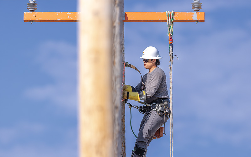 Utility worker wearing a white hard hat, gray protective clothing, and yellow gloves climbing a wooden utility pole with safety harness and ropes, against a clear blue sky.